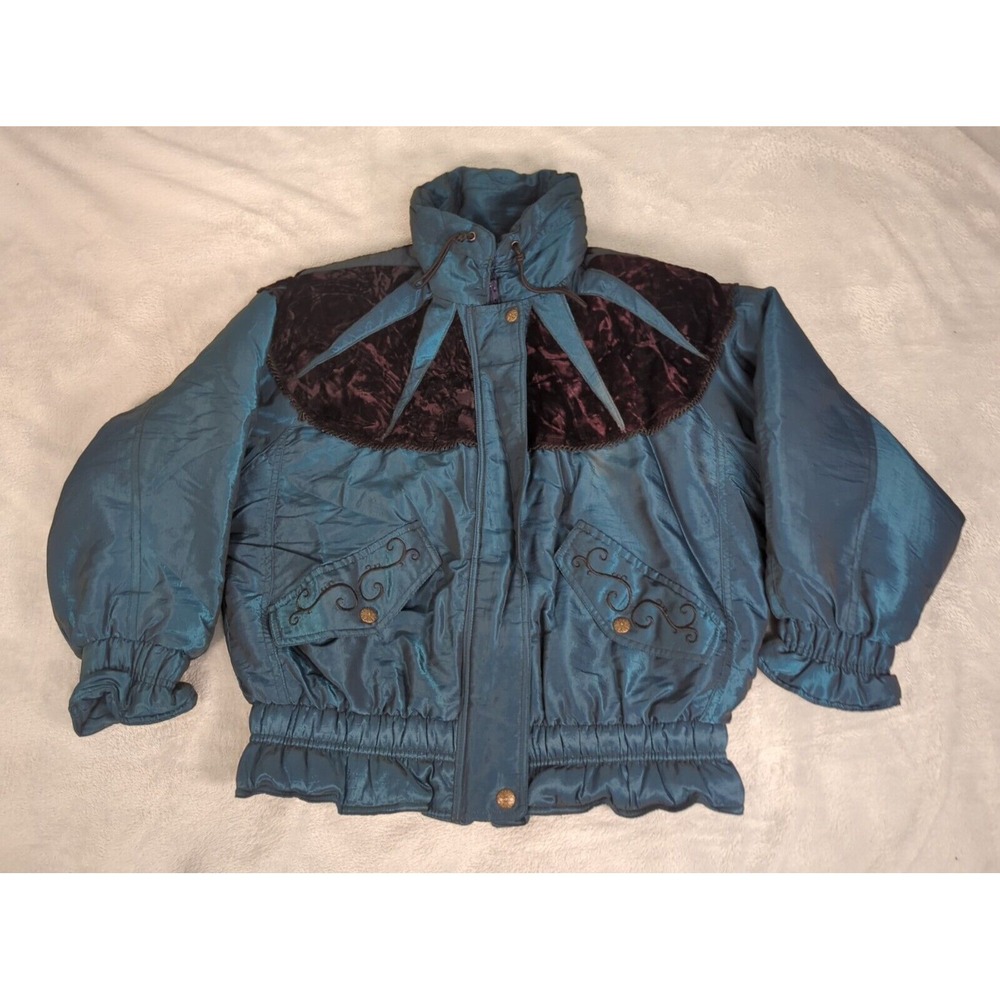 Otello Pelle Jacket Women2 Small Grn Zip Embroidered Elastic Ruffle Vintage 90s